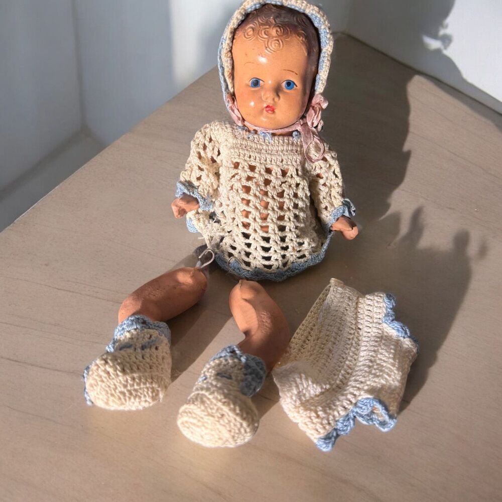 Vintage Composition Baby Doll With Crochet Outfit And Bonnet Cute Baby As Is
